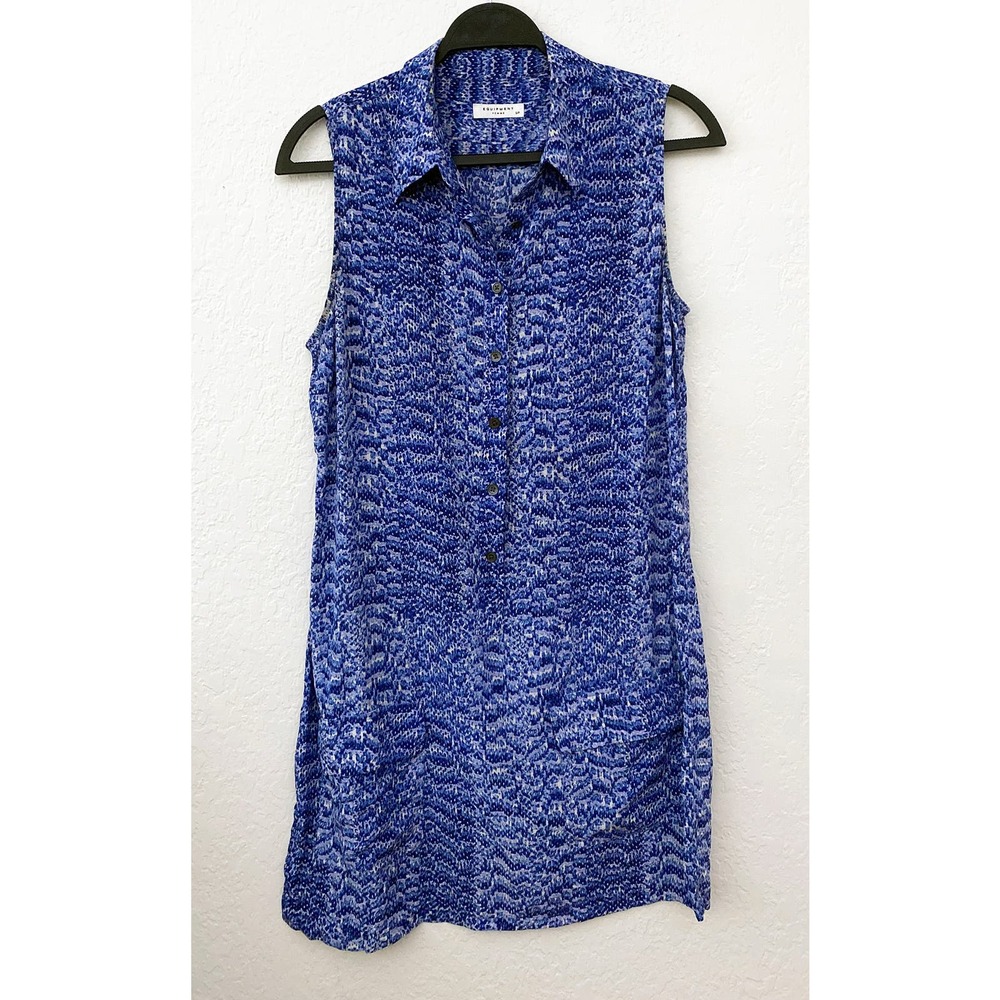 Equipment Women's Blue White Silk Patterned Collard Shift Front Pocket Dress